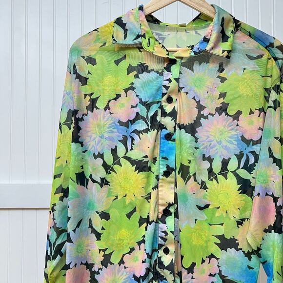 BP. NWT Floral Mesh Button Down Blouse Colorful Bright Tropical Women's S New - Picture 1 of 9